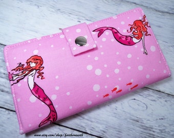 Mermaid wallet Handmade Long Wallet  BiFold Clutch - Vegan Wallet - Mermaids at Play in pink or half size unisex walletgifts under 50