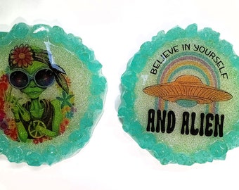 Glow in the dark alien coasters set of 2. ready to ship.