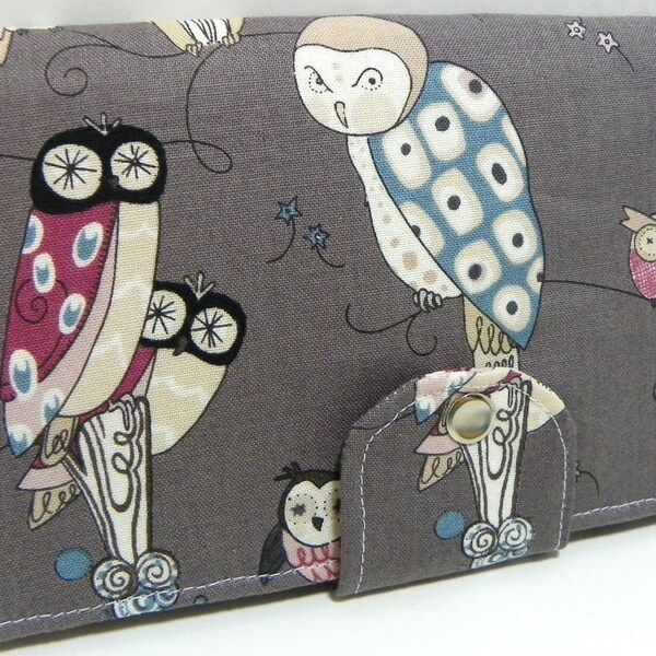 Owl Handmade Long Wallet  BiFold Clutch - Vegan Wallet - Spotted Owl Fabric in Smokegifts under 50