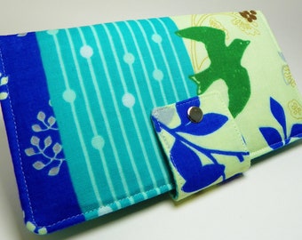 SALE Echino Bird and Berry Blue - ECHINO Japanese Handmade vegan Long Wallet  Bi-Fold Clutchgifts under 50