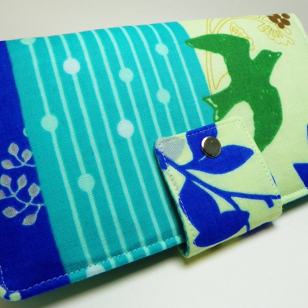 SALE Echino Bird and Berry Blue - ECHINO Japanese Handmade vegan Long Wallet  Bi-Fold Clutchgifts under 50