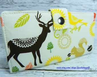 Brown Deer Handmade Long Wallet - BiFold Clutch - vegan wallet -  deer squirrel and fox wallet or half size unisex walletgifts under 50