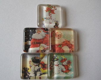 Vintage Holiday Square Glass Magnets Set (5) – Santa Snowman