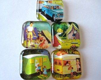 Camping Themed Square Glass Magnets Set of 5