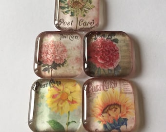 Vintage Floral Square Glass Magnets Set of 5