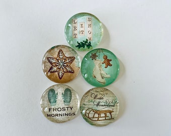 Winter Wonderland Glass Magnets Set  Snowflake, Sled, Mittens Designs 1 inch