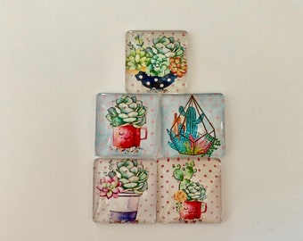 Pretty Plants Themed Square Glass Magnets Set of 5