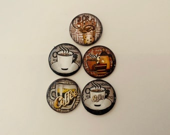 Coffee Themed Round Glass Magnets Set of 5