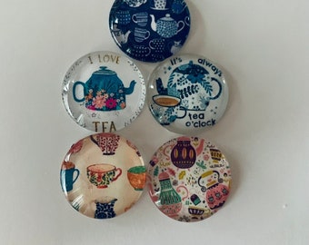 Tea Themed Round Glass Magnets Set of 5