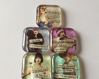 Wine Sayings Square Glass Magnets Set of 5