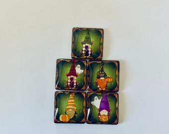 Halloween Gnomes Square Glass Magnets Set of 5