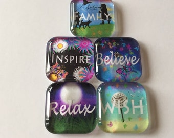 Fun Inspirational Words Square Glass Magnets Set of 5