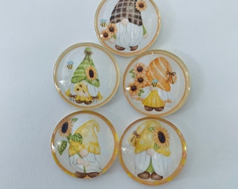 Sunflower Gnomes Round Glass Magnets Set of 5