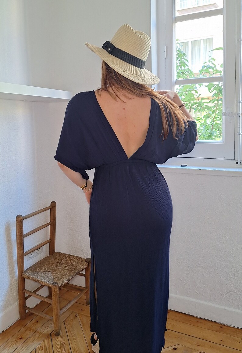 Navy Blue Boho Embroidered Midi Dress