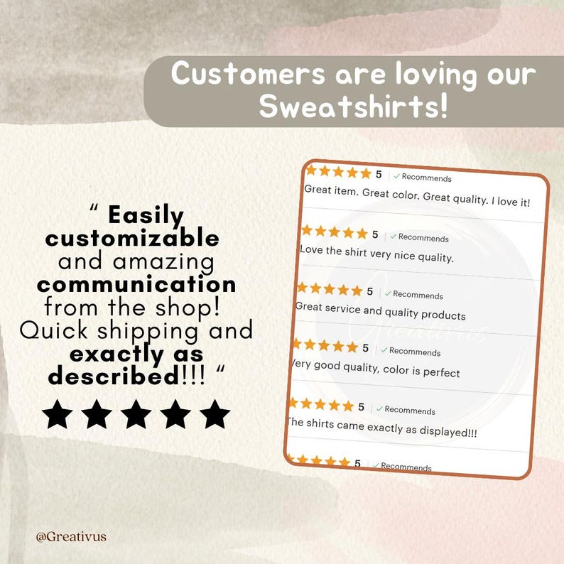 May include: Image featuring customer reviews for sweatshirts. Text includes "Customers are loving our Sweatshirts!" and a quote about easy customization and quick shipping. Five-star ratings and positive comments are displayed.