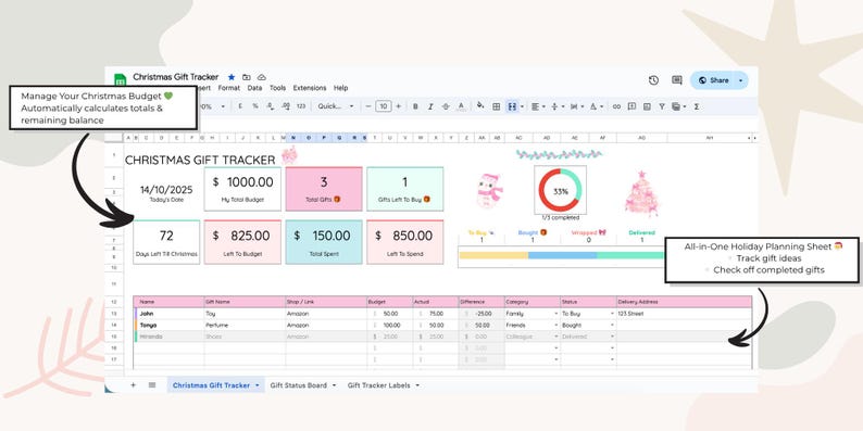 Christmas Gift Tracker | Google Sheets Budget Planner | Holiday ...