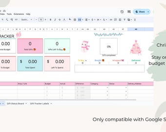 May include: A Google Sheets Christmas Gift Tracker template. The spreadsheet features pink, green, and white blocks for budget, gifts, and dates. The text says "Stay organised, merry & on budget this holiday season".