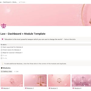 May include: A digital dashboard template for law studies, featuring a pink and white color scheme. The template includes sections for to-do lists and module organization, with a quote by Nelson Mandela. The design incorporates scales of justice imagery.