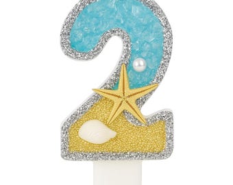 2nd Birthday Candle: Glitter Number 2, Starfish Cake Topper