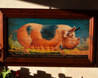 Black Prize Pig 19th Century Folk Art Oil Painting, Farmyard