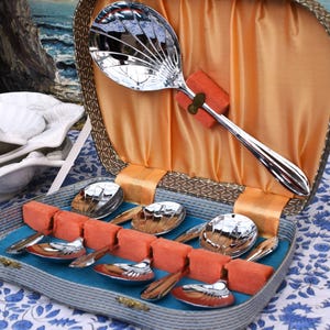 Puede incluir: Un juego de cucharas plateadas en un estuche vintage con forro de satén naranja. El estuche está abierto, revelando las cucharas encajadas en fieltro naranja. Platos blancos en forma de concha y jarrones decorativos azules y blancos en el fondo.