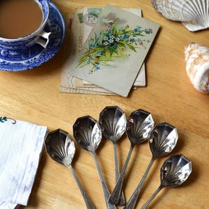 Puede incluir: Naturaleza muerta con seis cucharas de plata, una taza de té azul y blanca con té, postales antiguas y conchas marinas. Los objetos están dispuestos sobre una superficie de madera, con un paño blanco con borde floral.