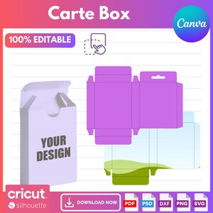 Plantilla SVG de caja de naipes en blanco, caja de cartas UNO, archivos cortados de caja de cartas de coleccionista DIY para Cricut & Silhouette, totalmente editables en Canva.