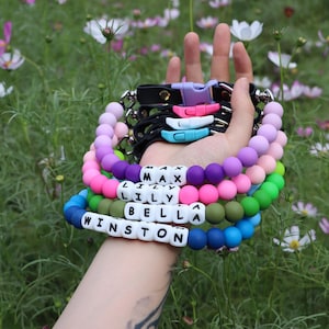 May include: A set of colorful silicone beaded dog collars with personalized name tags. The collars are in shades of purple, pink, green, and blue, with white letters spelling out the names "Winston", "Bella", "Lily", and "Max".
