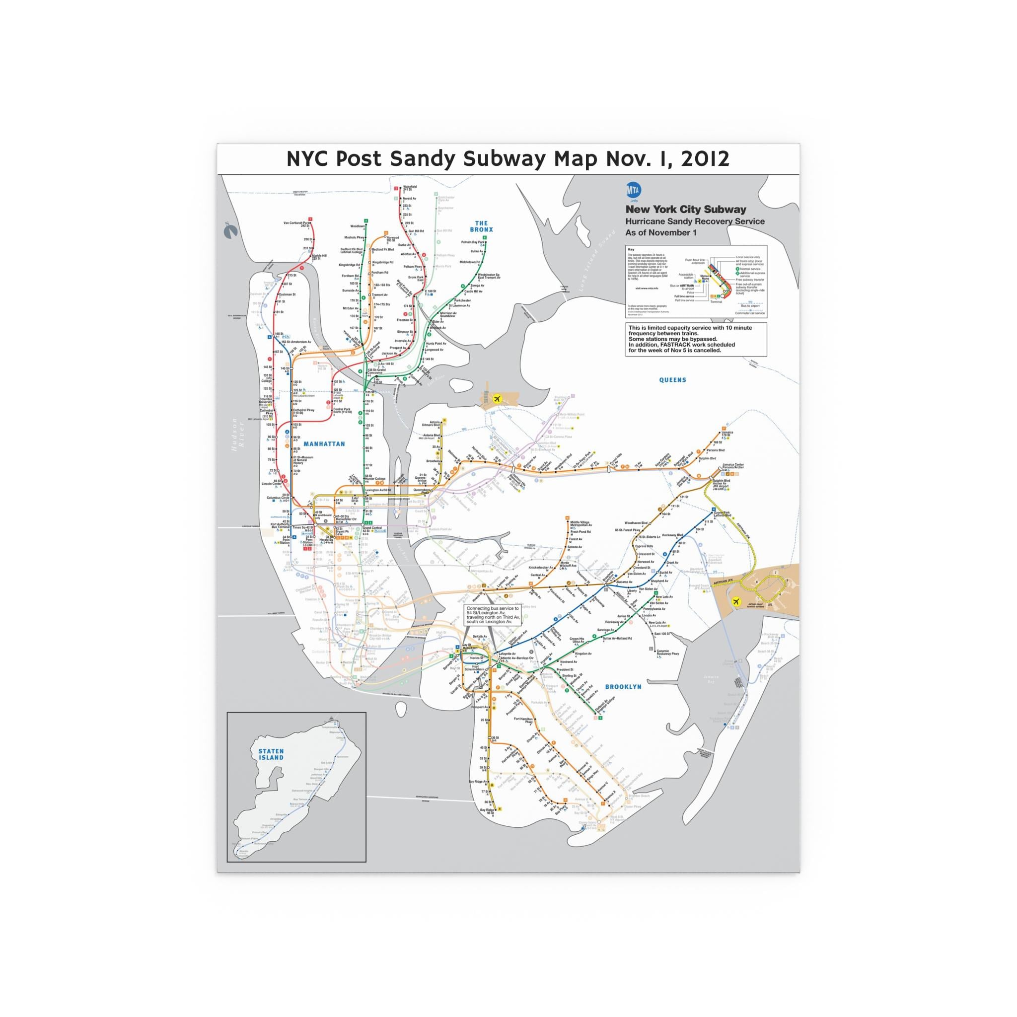 MTA NYC Subway Map (post Hurricane Sandy/pm Hours) November 1