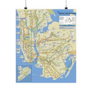 May include: A poster of the New York City Subway map, featuring a detailed diagram of subway lines in various colors. The map includes the boroughs of Manhattan, Brooklyn, Queens, the Bronx, and Staten Island. The MTA logo is visible.