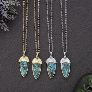 18k Gold 925 Sterling Silver Copper Turquoise Pendant Necklace, Natural Turquoise Stone Necklace, Turquoise Jewelry, Necklace for Women