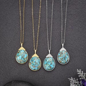 Drop Shape Copper Turquoise Gold Necklace, 18k Gold/Silver Turquoise Pendant Necklace, 925 Sterling Silver Turquoise Jewelry, Gift Jewelry