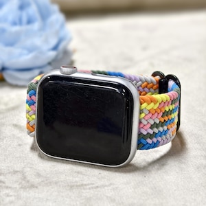 Pulseira de relógio Boho Rainbow Nylon Tecido para Apple Watch - Pulseira elástica ajustável de uma só volta para pulseiras de 38 mm a 45 mm - Pulseira de relógio feminina