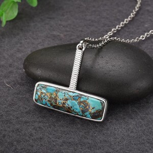 925 Sterling Silver Gold Line Turquoise Pendant Necklace, Rectangle Copper Turquoise Stone Necklace, Turquoise Jewelry, Gift Jewelry