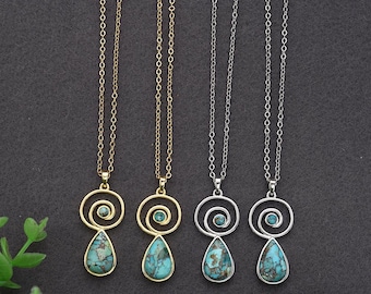 Sterling Silver Copper Turquoise Pendant Necklace - 18k Gold Plated & 18 inch Natural Stone Necklace