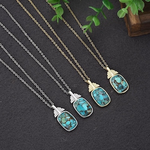 Vintage Copper Turquoise Pendant Necklace, Gold Turquoise Stone Necklace, Turquoise Jewelry, Turquoise Necklace for Women, Birthday Gift
