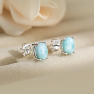 Oval Shape 925 Sterling Silver Natural Larimar Stud Earring Jewelry, Natural Larimar Earring for Women, Gemstone Earrings, Larimar Jewelry