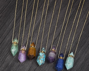 Gemstone Perfume Bottle Pendant Necklace: 26 inch Gold Diffuser Jewelry