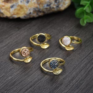 Elegant Natural Agate Druzy Adjustable Ring, 18k Gold Leaf and Druzy Rings for Women, Gold Druzy Ring, Druzy Jewelry, Birthday Gift