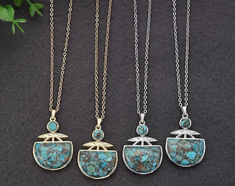 18k Gold Plated Copper Turquoise Pendant Necklace: 925 Sterling Silver Natural Stone Jewelry