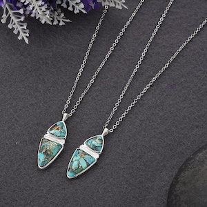 Handmade 925 Sterling Silver Copper Turquoise Pendant Necklace, Gold Line Turquoise Necklace for Women, Turquoise Jewelry, Birthday Gifts