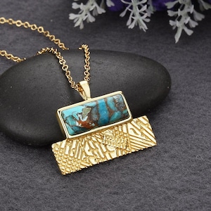 Unique 18k Gold Plated 925 Sterling Silver Rectangular Copper Turquoise Pendant Necklace, Turquoise Stone Necklace, Gold Line Turquoise