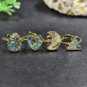 New 18k Gold Plated Copper Turquoise Ring for Women, Gold-line Turquoise Adjustable Ring, Gemstone Ring, Natural Turquoise Ring Jewelry