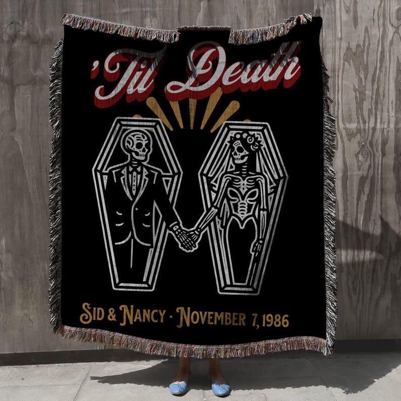 Personalized Til Death Woven Wedding Blanket or Anniversary Gift for punk goth emo lovers. Can be customized for gender, name, date.