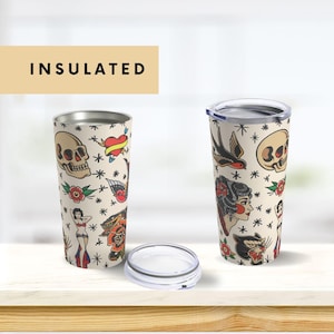 Tattoo Flash Insulated Tumbler Traditional Tattoo Art Drinkware Personalized Travel Mug Custom Ink Design Coffee Cup Tattoo Gift For Holiday