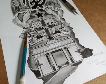Ghana-Tattoo-Design, Ghana-Karte, Tattoo-Vorlage, Tattoo mit schwarzer Kunst, Tattoo mit Bezug zur Abstammung, afrozentrische Illustration
