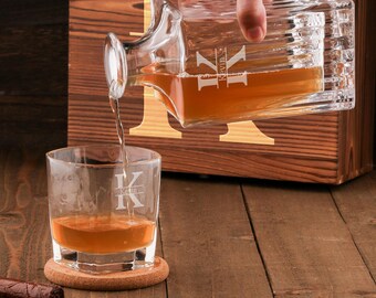 Personalized Whiskey Decanter Set: Engraved Lead-Free Crystal, Black Walnut Box