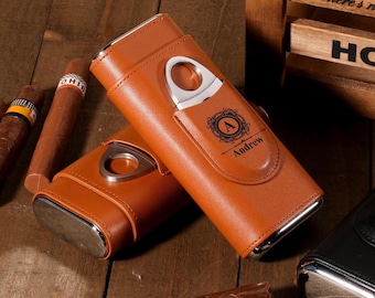 Personalized Travel Cigar Case,Leather Cigar Holder with Cutter,Gift for Him,Cigar Travel Case,Mens Gift for Smokers,Vintage mens gift