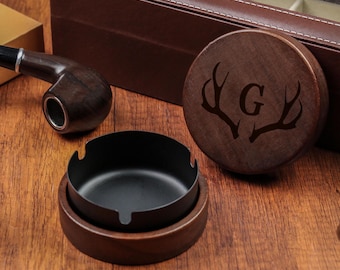 Custom Walnut Wood Ashtray with Lid: Personalized Smoker Gift