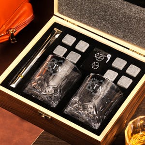 Personalized Whiskey Glass Set: Engraved Bourbon Glasses, Granite Stones Gift